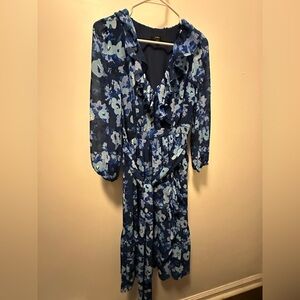 J. Crew Long Sleeve Floral Dress in Blue and White